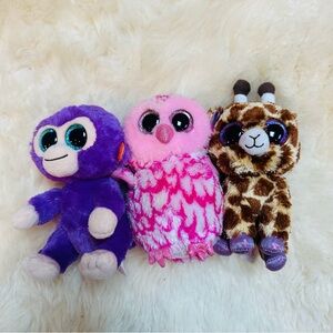 Ty Beanie Babies Grapes Monkey + Pinky Owl + Safari Giraffe